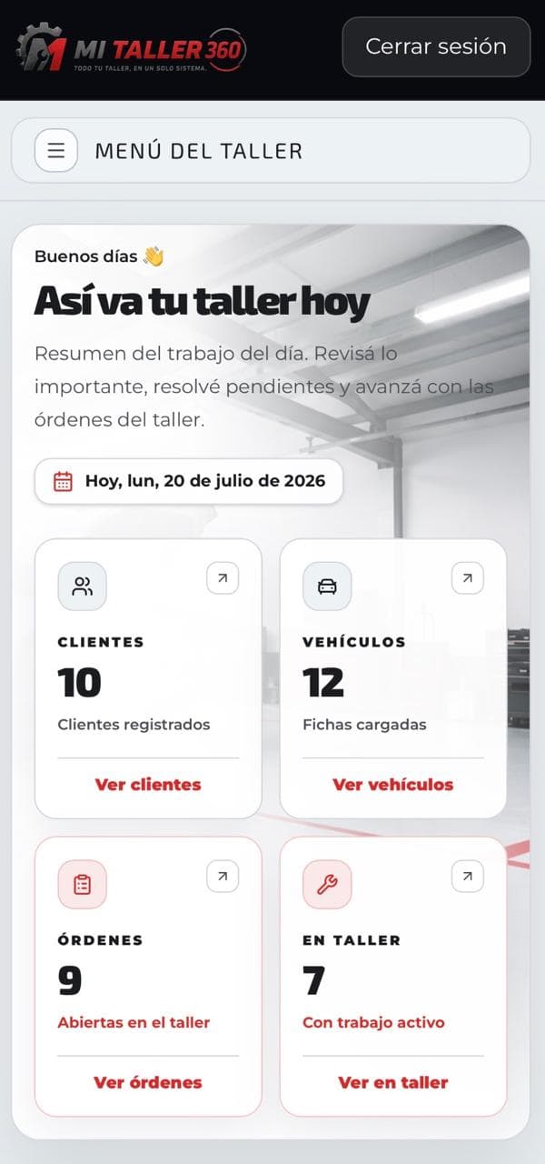Responsive MiTaller360 dashboard on a mobile viewport