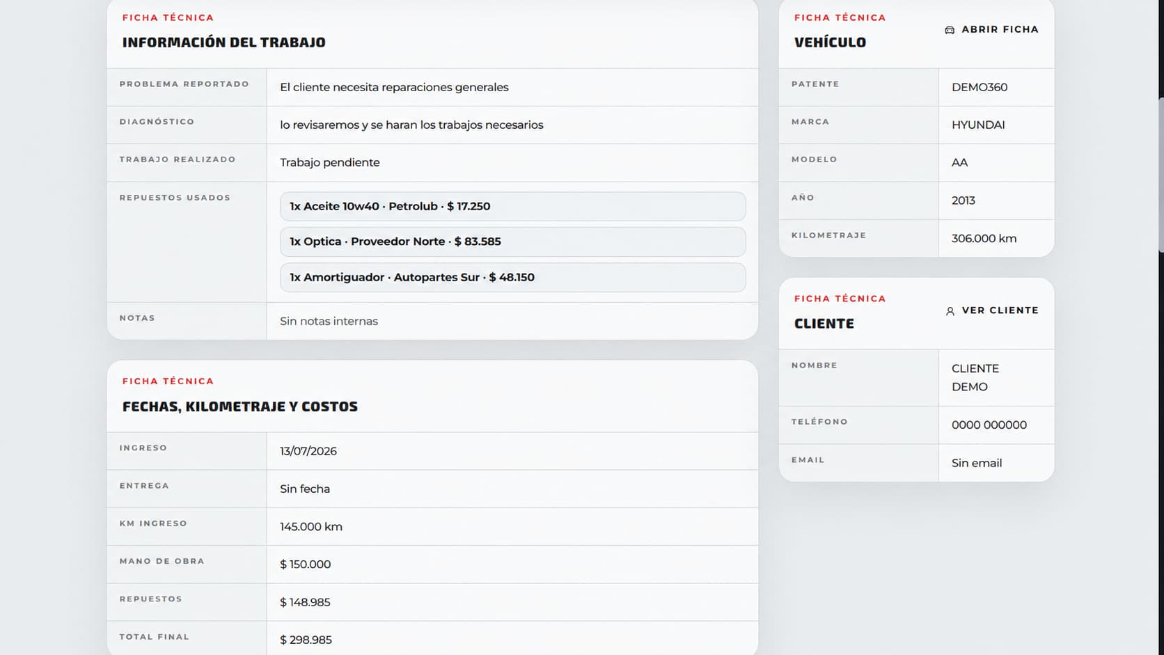 MiTaller360 work order detail with diagnosis, parts and costs