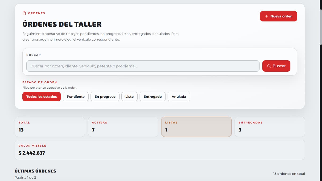 MiTaller360 work order search, filters and operational counters
