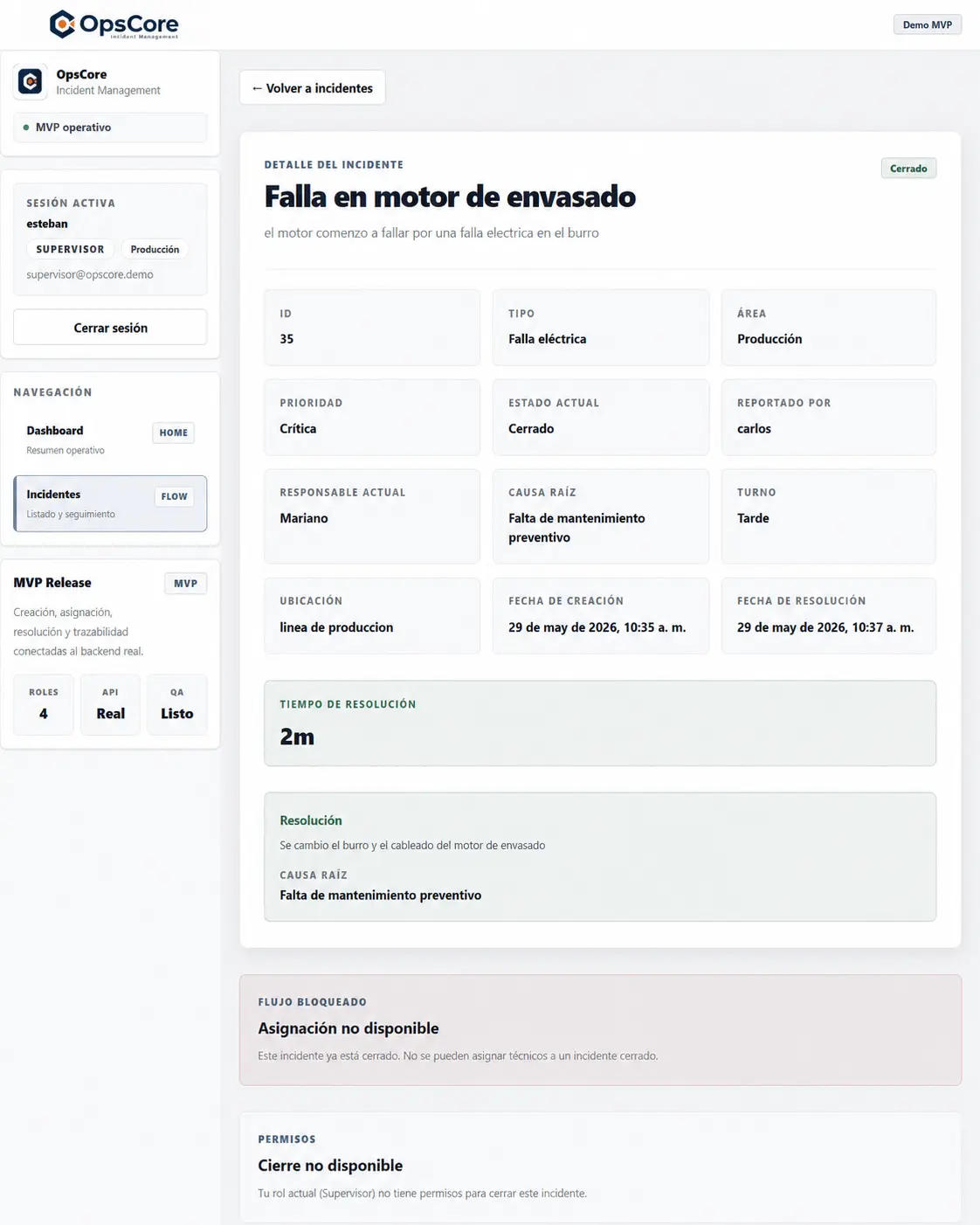 Resolved OpsCore incident with operational details and root cause
