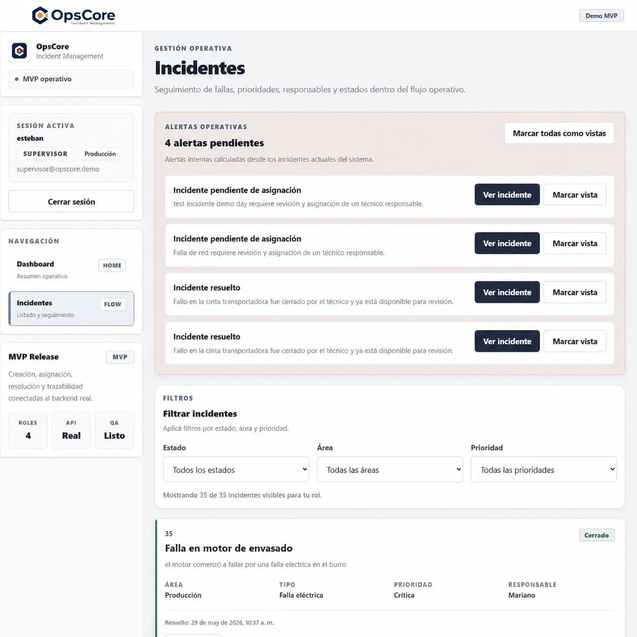 OpsCore supervisor incident list with alerts and filters