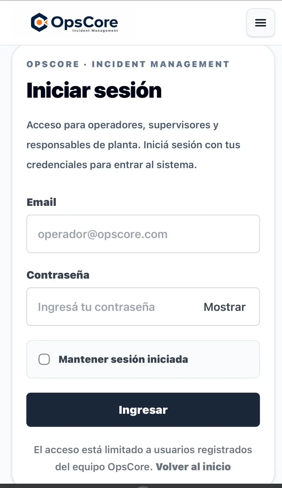 OpsCore login interface on a mobile viewport