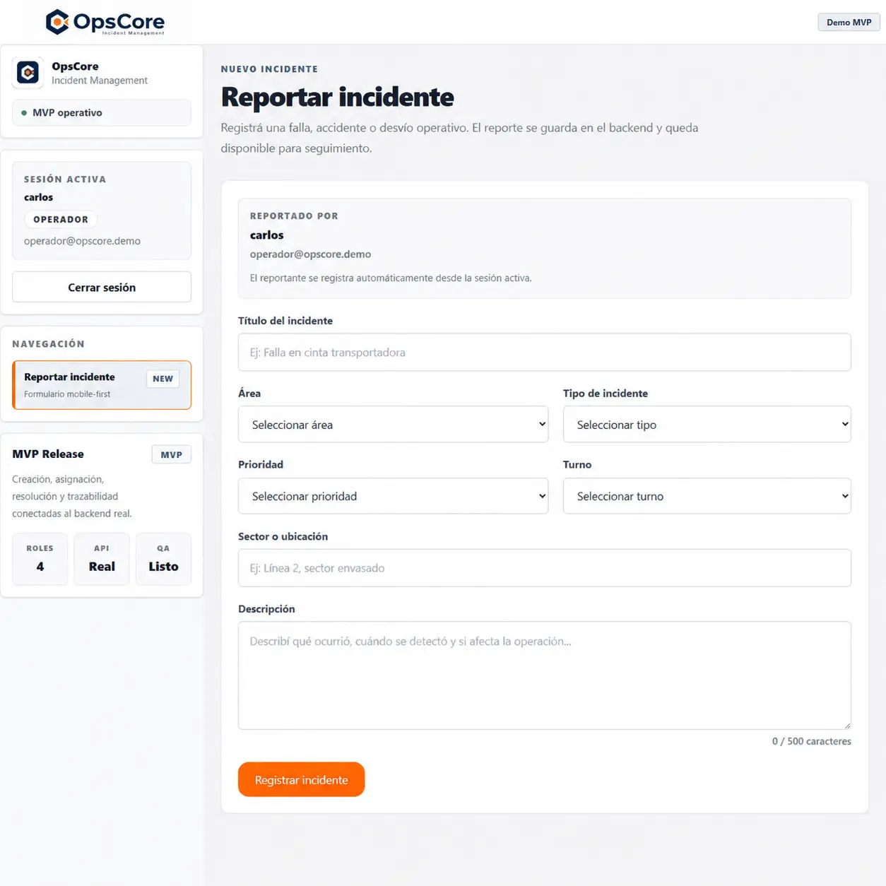 OpsCore incident report form for an operator