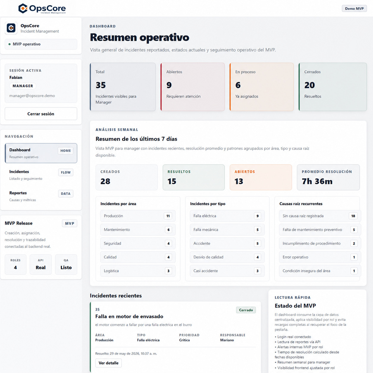 Screenshot of the OpsCore web system